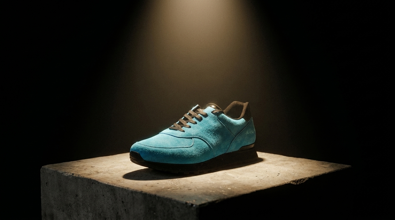 A Mael Labb sneaker presented on a concrete pedestal in a gallery spotlight