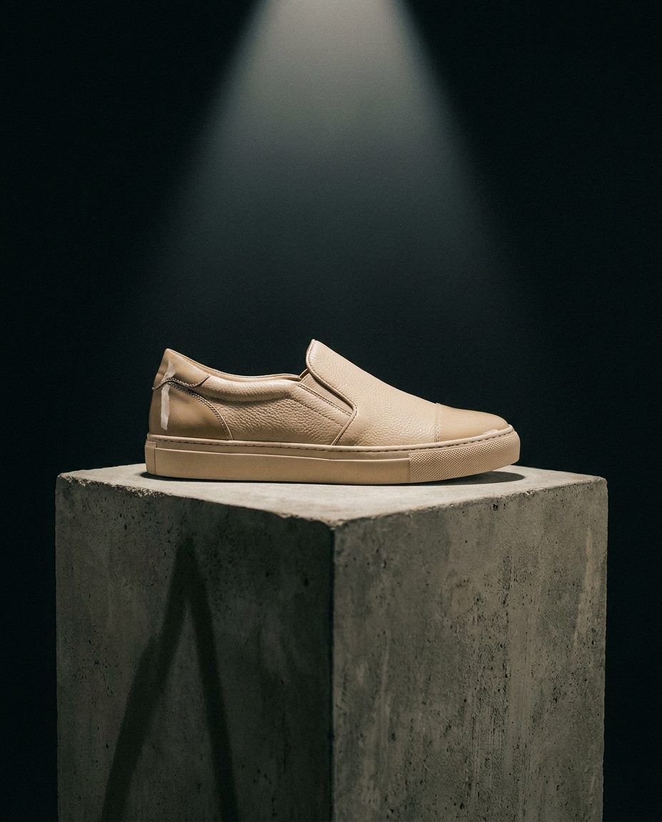 A sneaker presented as sculpture in a gallery spotlight