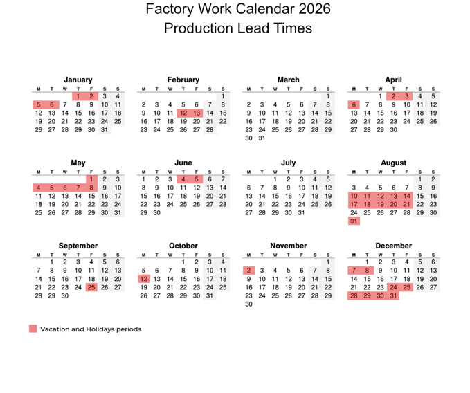 Factory Work Calendar 2026 — production lead times